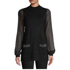 INC Black Mock Neck Tunic Sweater L Sheer Balloon Sleeves Studded Pockets Chic